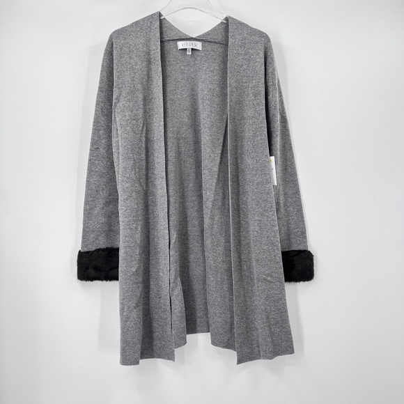 KASPER Faux-Fur-Cuff Open-Front Cardigan Size Medium in Gray and Black NWT - Picture 2 of 9